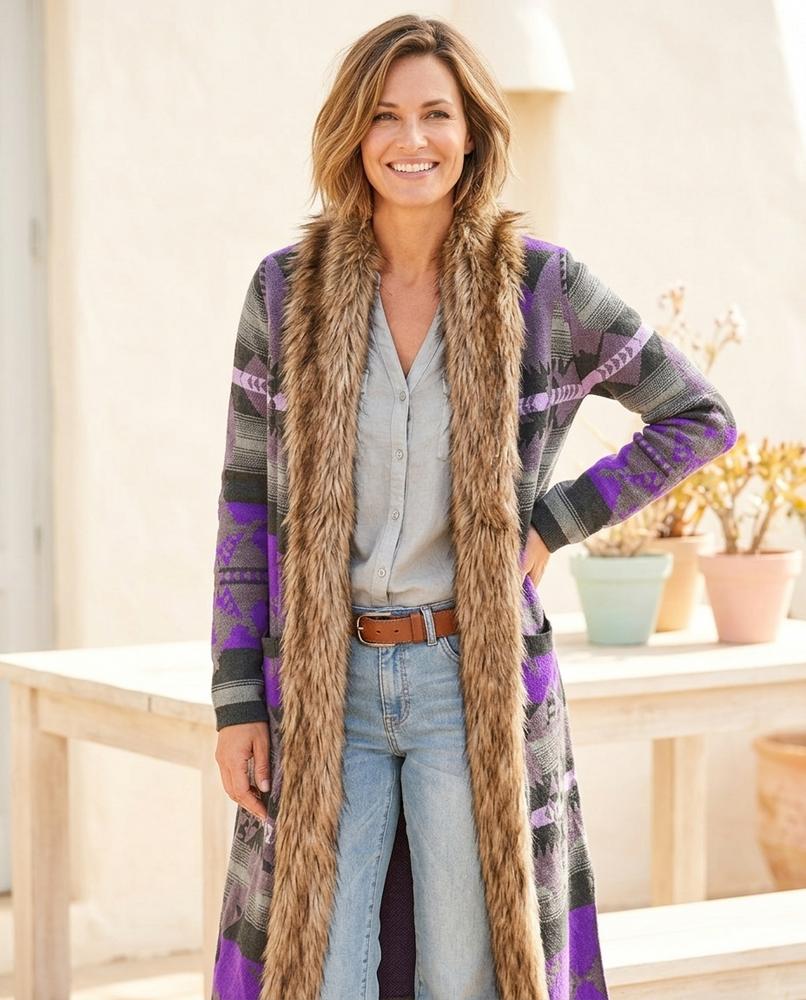 Chicos Designer - Zubel | Faux-Fur Trim Patterned Knit Cardigan Women