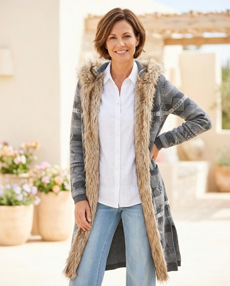 Chicos Designer - Zubel | Faux-Fur Trim Patterned Knit Cardigan Women