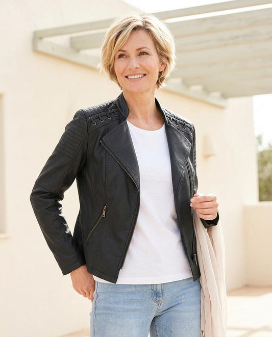 Chicos Designer - Zeven | Asymmetrical Lace-Up Detail Leather Jacket Women
