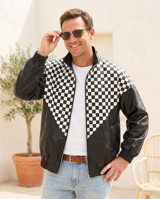 Chicos Designer - Semir | Checkered Zip-Up Leather Jacket Men
